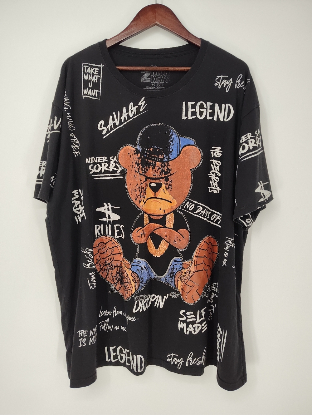 2 Monkeys Black Graphic Teddy Short Sleeve Tee Size Adult 4XL